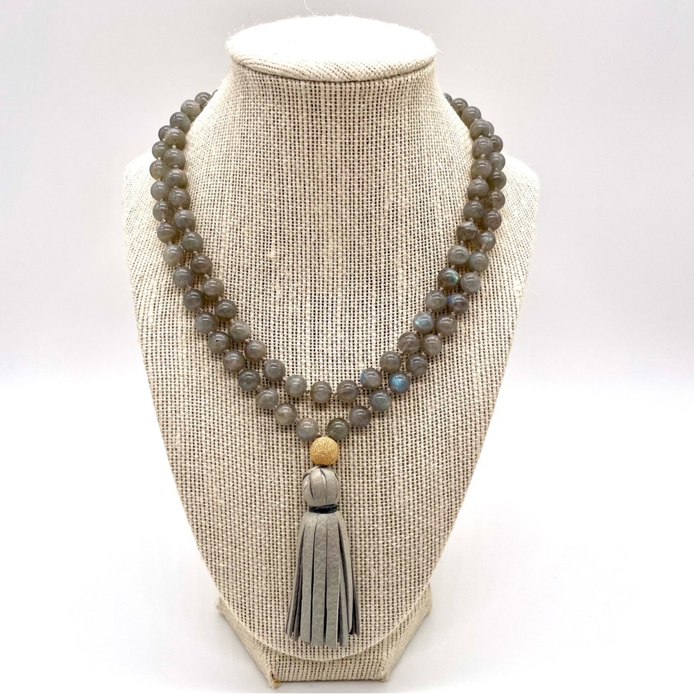 Gold & Gray Labradorite & Leather Tassel Necklace